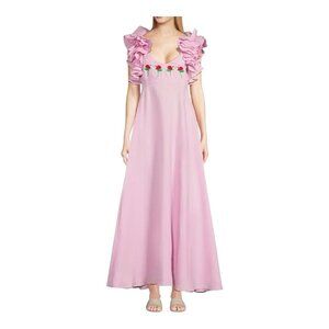 FANM MON Demre Linen Embroidered Maxi Dress Medium Ruffle Sleeve